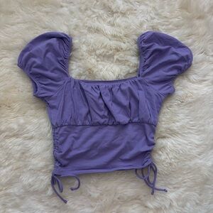 Hollister Purple Ruched Puff Sleeve Top with Cinched Side and Bows